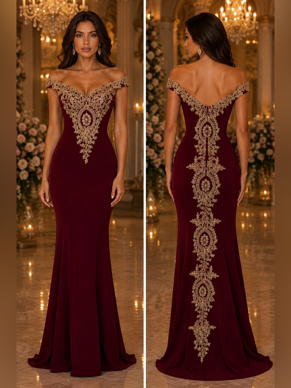 Burgundy Gold Lace Off The Shoulder Mermaid Prom Hoco Formal Dress Medium US 8
